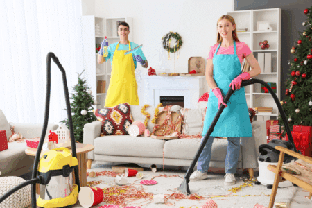 team cleaning up after a party