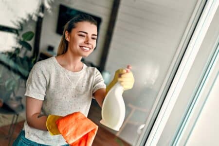 A smiling woman wipes a glossy countertop, her reflection mirroring the calm, lived-in modern home around her.