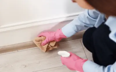 Cleaner scrubbing baseboards and floor trim inside a home.